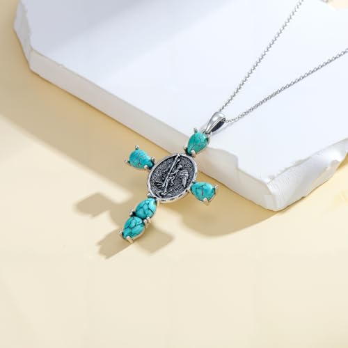 St Michael Cross Necklace for Women 925 Sterling Silver Natural Turquoise Archangel Saint Michael Pendant Necklaces Religious Jewelry Gifts for Mom Wife3