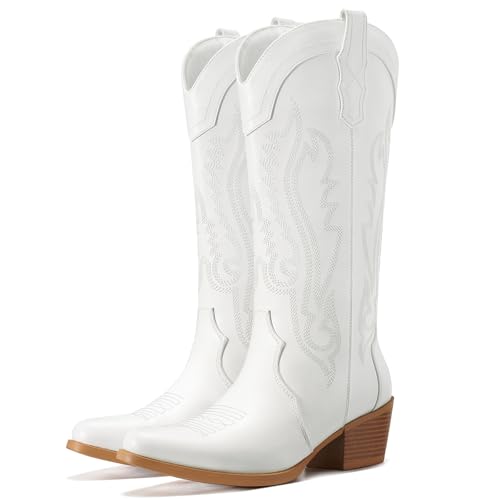 Rollda Cowboy Boots for Women Cowgirl Boots Vintage Retro Womens Western Boots Snip Toe with Chunky Heel for Ladies Pull On Side Zipper