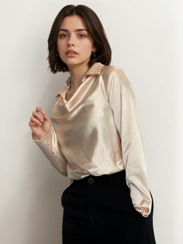 Women's Elegant Solid Satin Cowl Neck Blouse Long Sleeves Casual Business Dressy Shirts Office Work Ladies Top4