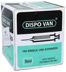 Generic 5ML Syringes with Needle, Sterile, Single-Use, Pack of 100 | Plastic, Leak-Proof, Biocompatible, Sharp Precision Needle, Smooth Plunger, Clear Barrel with Graduations