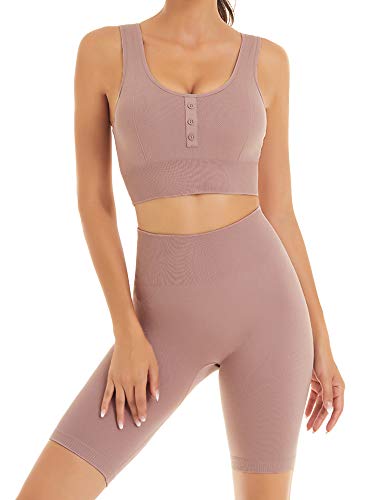 Toplook Seamless Yoga Outfits for Women Squat Proof 2 Piece Set Biker Short + Sport Bra (Pink Brown, Medium)
