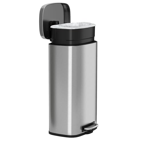 Image of iTouchless SoftStep 8 Gallon Kitchen Trash Can with Lid and Odor Filter, Stainless Steel 30 Liter Recycling Bin for Home Office Bedroom Garage Living Room Bathroom Silent Lid Close Slim Wastebasket