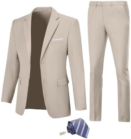 Men Suit Slim Fit 2 Piece Solid 2 Button Business Suits Blazer We...