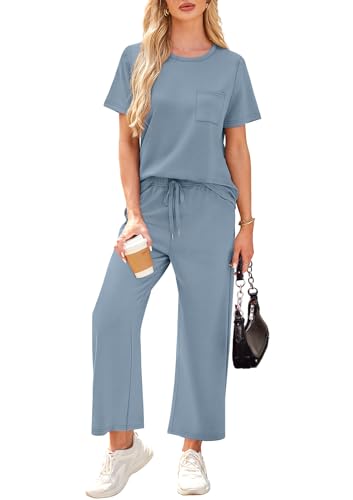 Image of WIHOLL 2 Piece Sets for Women Casual Summer Travel Vacation Outfits Short Sleeve Wide Leg Crop Pants Lounge Sets