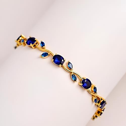Image of Inites - Anti Tarnish Fairy Bloom Floral Tulip Bracelet With Blue Crystal Stones For Women & Girls | Elegant Floral Branches Golden Chain Link Bracelet Lightweight Jewelry For Daily Wear & Gifts
