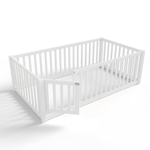 Image of Bellemave Twin Size Kids Montessori Floor Bed with Door,Solid Wood Floor Bed Frame with High Fence for Girls,Boys,White