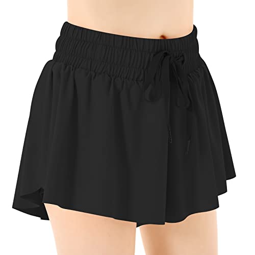 Girls Flowy Shorts Butterfly Shorts With Pocket 2-In-1 Athletic Shorts Running Shorts For Girls Kids Active Workout Sports (Black,Small) #TOP1