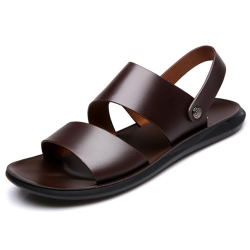 Lossarye Men's Leather Open Toe Casual Flat Sandals Adjustable Strap Lightweight Non-Slip Outdoor Walking Sandals Summer Dual Use Slippers
