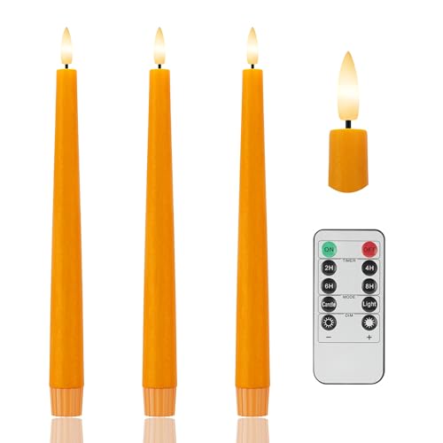 Image of Orange Flameless Taper Candles, 9.6 inch Halloween Battery Operated Candles with Remote, Real Wax Fall Led Candle, Flickering Flameless Candlesticks for Fall, Thanksgiving, Harvest, Halloween Decor, 3 Pcs