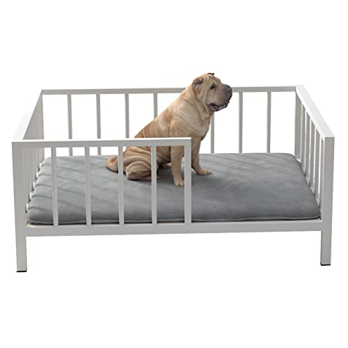 Oschf Dog Bed With Rails - Elevated Pet Metal Bed Frame With Solid Wood Board And Washable Soft Mat For Medium Dog Indoor Or Outdoor Use, 25.2" X 37.8", White #TOP6