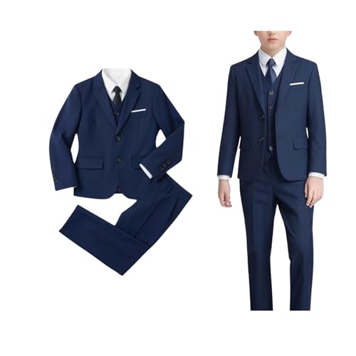 2026 Traje de niño Slim Fit Ring Tirantes, Traje de boda de 3 piezas, chaqueta Tuxedo, chaleco, ropa festiva, traje de esmoquin para niños, ajuste estrecho con chaleco blazer, 4 17 años, azul, 16 17