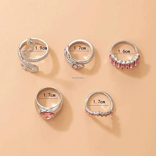 5-Piece Pink Stone Heart-Snake Stackable Rings Set