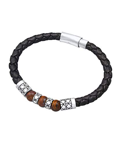 kuzzoi Men Bracelet Leather Braided Black Tiger-Eye Gemstone Beads Made of 925 Sterling Silver, Length 7,48 inch - 9,05 inch, Width 0,31 inch, 0.81 oz2