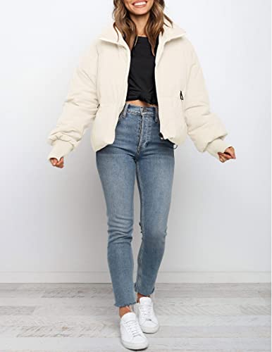 Zesica Women's Winter Warm Long Sleeve Zip Up Drawsting Baggy Cropped Puffer Down Jacket Coat Outerwear,Cream,Medium #TOP7