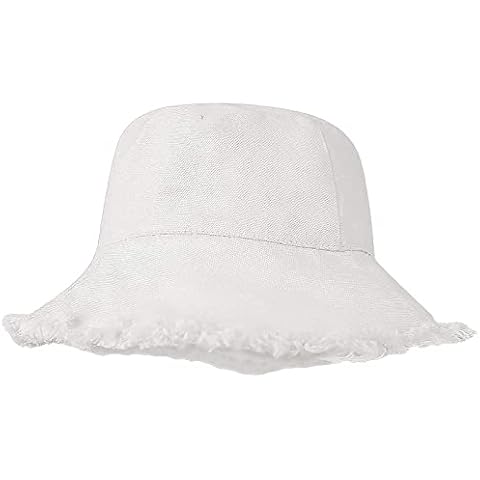 Frayed Bucket Hats for Women Men Distressed Washed-Cotton Summer-Sun-Hat Solid Wide Brim Fisherman Cap (as8, Alpha, one_Size, White, Medium) Cover