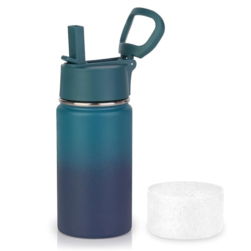 Volhoply 410ml 14oz Kids Stainless Steel Insulated Leakproof Tumbler Water Bottle with Straw Lid and Silicone Boot,BPA-Free Easy Use for Boys&Girls,Double Wall Vacuum Bottles(Dark Night,1)
