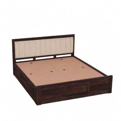 Image of SONA ART & CRAFTS Veronica Solid Sheesham Wood Bed Queen Size with Storage Box + 2 Side Tables | Wooden Bed Queen Size Cot | Upholstered Beds | Double Bed with Storage Box - Walnut Finish