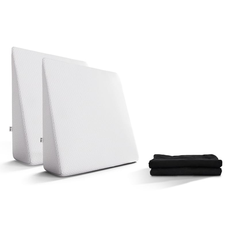 Image of Frido Complete Back Support Wedge Cushion Made with Memory Foam | Improves Comfort and Posture While Sitting /Working On Bed | Premium Removable Covers | Set of 2 White Cushion + 2 Extra Black Covers