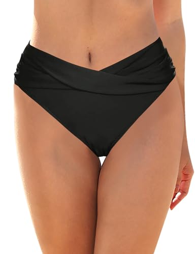 Women's Twist Bikini Bottom Moderate High Cut Swimsuit Bottom Cross V Cut Ruched Ruffles Bathing Suit Bottoms