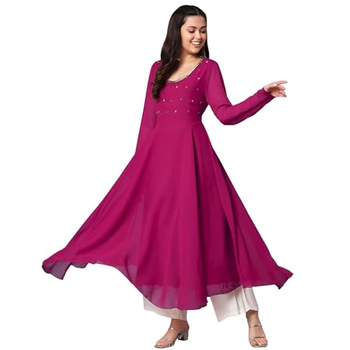 Image of PH POSHAKHUB Georgette Regular Fit Hand Embroidery Anarkali Kurta Set for Women, Yoke Anarkali Kurta for Woman, Ankle Length Anarkali Suit for Women, Full Sleeve Kurti, Dress for Woman