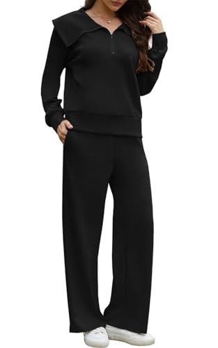 Yutdeng Ensemble 2 Pièces Femme Survêtement Sweatshirt à Manches Longues avec Demi-fermeture éclair et Pantalon à Jambes Larges avec Poches Vêtement Détente Décontracté Ensemble de Jogging,Noir,M