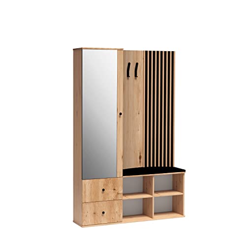 Cool24 CALI Garderobenschränke - Garderobe mit Spiegel und Sitzbank - Robust Flurgarderobe mit Schuhschrank - Modernes Garderoben Set mit Lamellen