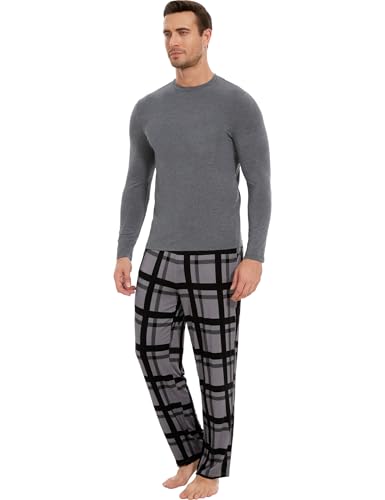 Image of GYS Bamboo Viscose Men's Pajama Sets Long Sleeve Plaid Loungewear Sets with Pockets