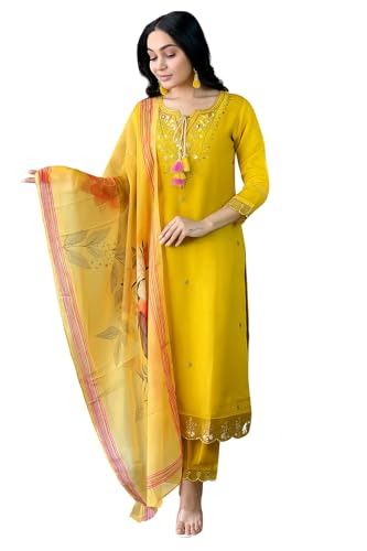 ELEGANZA FASHION Indian Womens Mustard Chanderi Silk Embroidered Kurta with Pant and Dupatta Set
