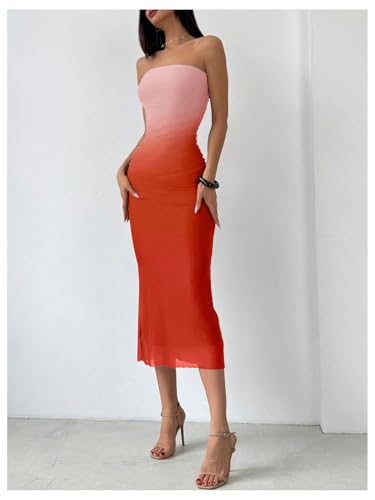 Image of GORGLITTER Women's Sunset Ombre Strapless Cocktail Bridal Shower Midi Dress | Orange Wedding Guest Dress, Mesh Tube Dress, Bridesmaid Dresses, Vacation Beach Sundresses,