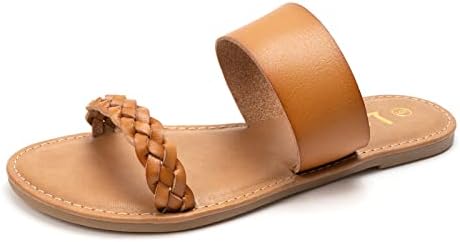 LM Women's Braided Slide Sandals Open Toe Two Strap Slip On Flat Sandals Casual Summer Shoes (9, Brown)