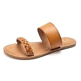 LM Women's Braided Slide Sandals Open Toe Two Strap Slip On Flat Sandals Casual Summer Shoes (10, Brown)