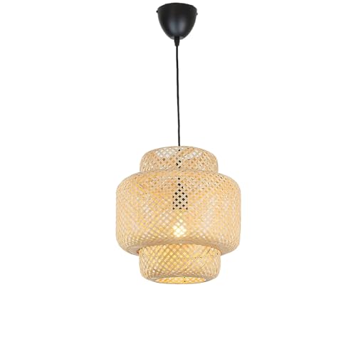 Alpinaluz Lámpara Colgante de Mimbre Natural Ø28 cm – Diseño Artesanal de Forma Escalonada Estilo Boho Nórdico, Casquillo E27, Soporte de Madera, Cable y Florón Negro, Altura Ajustable