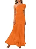 LAGSHIAN Women's Elegant Formal Long Dress One Shoulder Sleeveless Ruched Bodycon Evening Dress Orange
