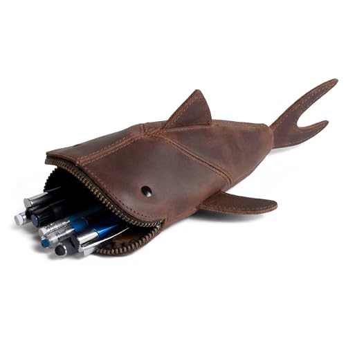 Image of Hide & Drink, Full Grain Leather Zipper Coin Pouch, Change Bag, Pencil Purse, Scissors Case, Shark Shaped Cable Holder, Wallet, Makeup, Stuffed Animal, Handmade, Bourbon Brown