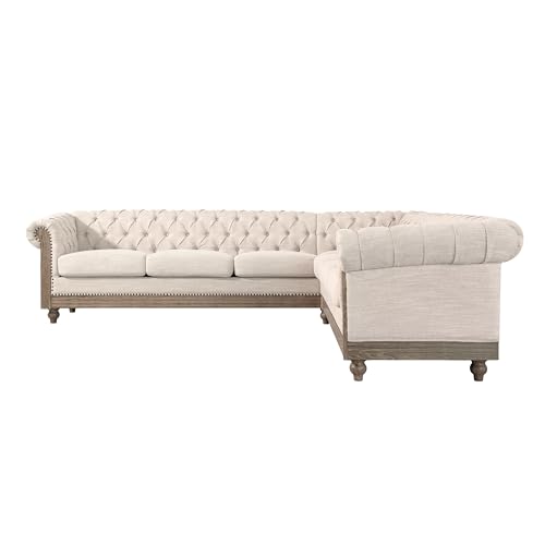Image of Merax Chesterfield Sofa, Retro Upholstered 6 Seater Rolled Arm Couch for Living Room Bedroom Office, Beige