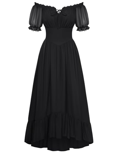 Scarlet Darkness Women Renaissance Dress Puff Sleeve Off Shoulder Fairy Milkmaid Dress Black M