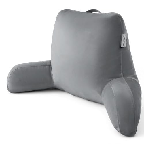 Yagamo Reading Pillow for Bed Sitting Up, Adults and Teens Backrest with Arms, Velvet Back Support Pillow for Sitting on Sofa, Couch with Washable Cover- Standard, Grey