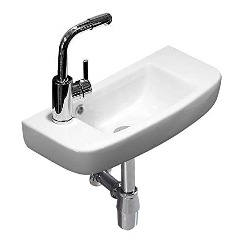 Lavabo De Cerámica Moderno Para Montaje En Pared, Mueble De Baño Compacto Que Ahorra Espacio Para Baños Pequeños, Instalación A La Derecha O A La Izquierda, Incluye Grifo Y Desagüe, Diseño Elegante P