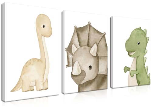Image of Dinosaur Wall Art Kids Bathroom Decor Set of 3, Dino Pictures Nursery Wall Decor, Baby Room Safari Animals Canvas Paintings for Boy Girl Kids Room Shower Theme Decor 12x16 in Framed