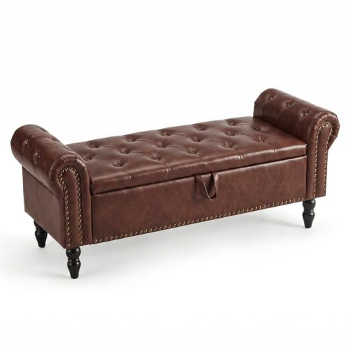 Furniliving 51” End of Bed Storage Bench, Bedroom Bench with Button-Tufted, Upholstered Storage Ottoman Benches Window Bench with Storage, Leather Bench for Living Room, Entryway, PU, Darkbrown