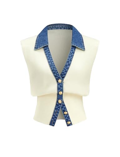 Womens Denim Trim Buttons Down Sweater Vest Trendy Cute Sleeveless V Neck Knit Cropped Cardigan Sweater