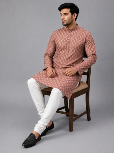 Image of LATEST CHIKAN Men's Silk Chikankari Kurta with Cream Churidar | Festive Set - KP Silk BANARSI
