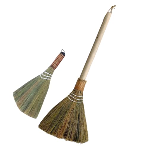 Amosfun Handmade Bamboo Soft Broom Set with Detachable Long Handle and Small Size Multifunctional Desktop Dust Brush for Household Cleaning