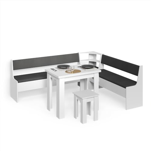 Livinity Conjunto con Banco esquinero Tiberio, Blanco, 210 x 180 cm con Mesa