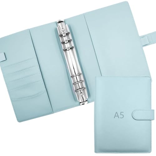 ROEOWENE Classeur à Anneaux A5 Rechargeable Classeur 6 Anneaux Cuir Couverture de Carnet de Notes Couverture Budget Enveloppe pour Recharge Agenda A5,Planificateur-Bleu