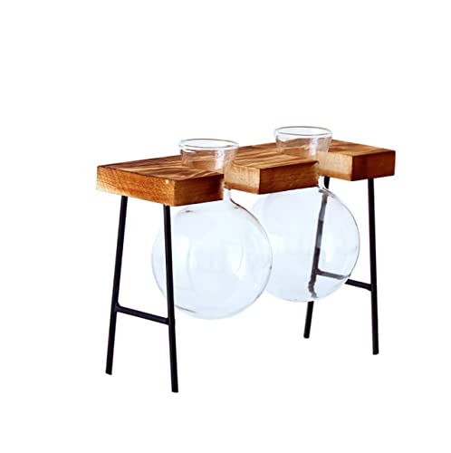 PARK SEVENTEEN 花瓶 フラスコ 一輪挿し 植木鉢 ガラス 木製フレーム 鉄製支柱 (bottle2個, クリア)