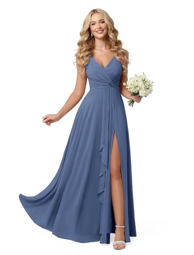 Blawhee Fall Wedding Guest Dress for Women Elegant Steel Blue Bridesmaid Dresses Chiffon V-Neck Formal Long Floor Length Ruffled Prom Dresses Evening Christmas Party Gowns US2