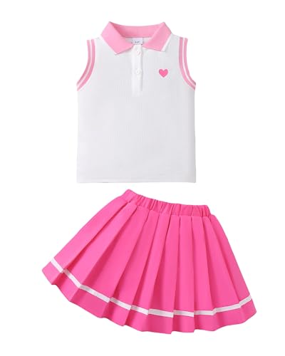 Kucnuzki 7 8 Year Old Girl Kawaii Clothes Cute Summer Tops Heart Printed Button Up Polo Shirt Hot Pink Pleated Skirt Boutique Clothing 2 Piece Outfit