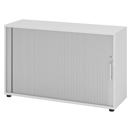bümö Aktenschrank abschließbar mit Rollladen, Rollladenschrank für Ordner & Co. - Büroschrank mit Rollo, abschließbarer Ordnerschrank aus Holz in Grau/Silber mit Relinggriff