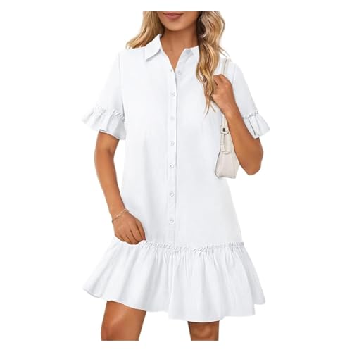 BQLFPOIHP Damesshirt, zomer, katoen en linnen knoopsluiting voor dames, casual jurk met ruches, rechte jurk met zakken, Wit, XL